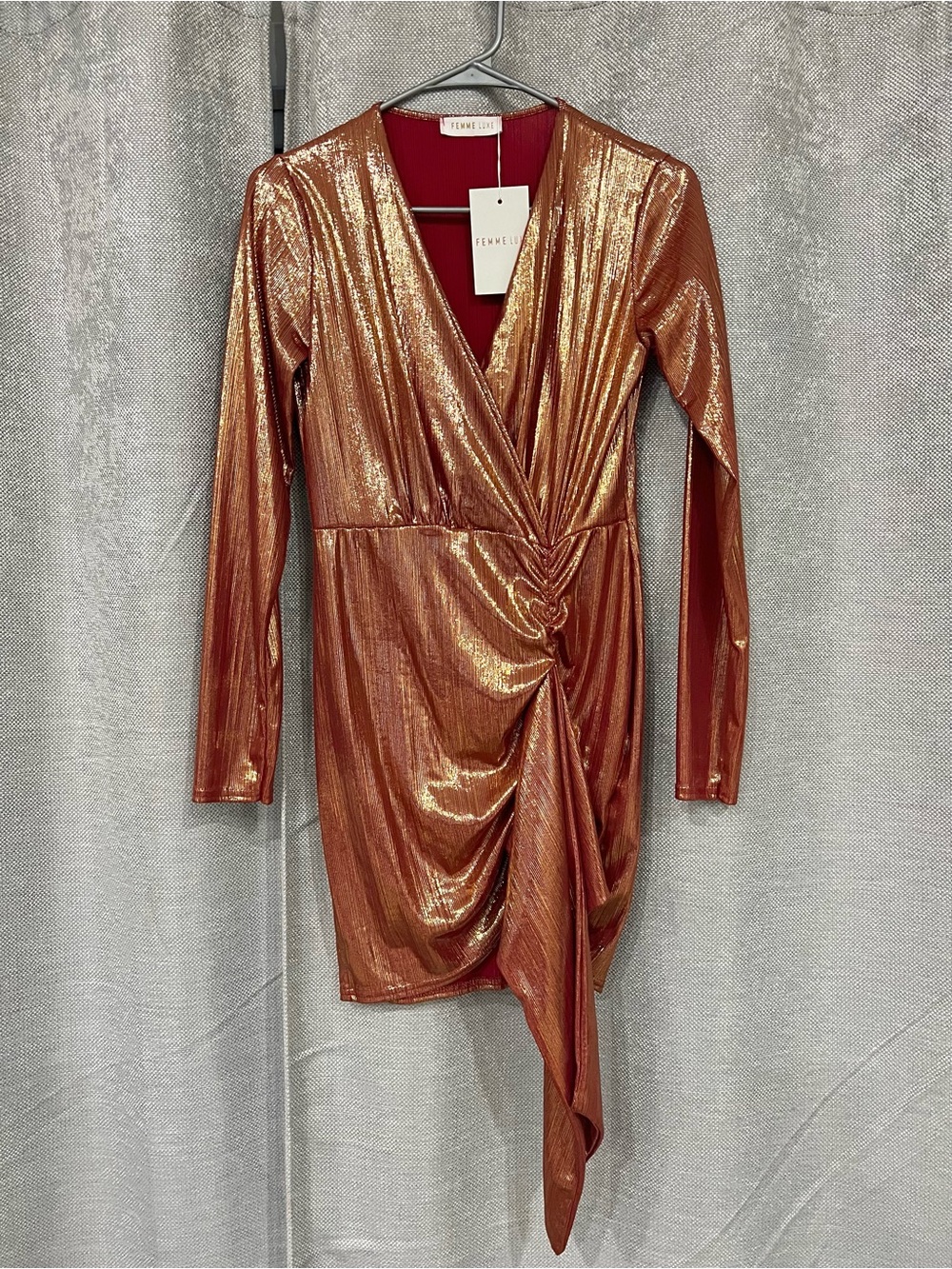 Femme Luxe Copper Shimmer Long-Sleeve Wrap Dress NWT